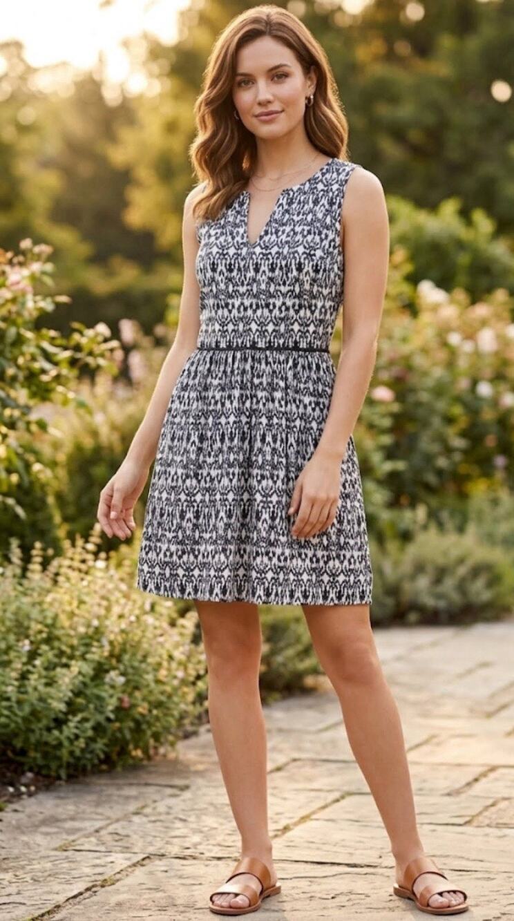 THML Dress L Petite NWT Black White Ikat Faux Wrap Cutout Back Pockets Casual